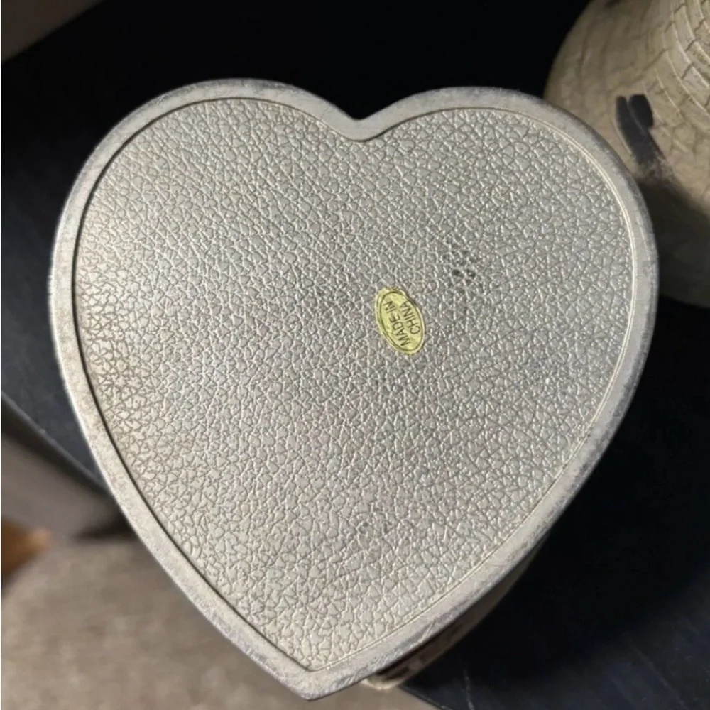 Vintage Silver Heart Jewelry Box with Gold Bow Accent